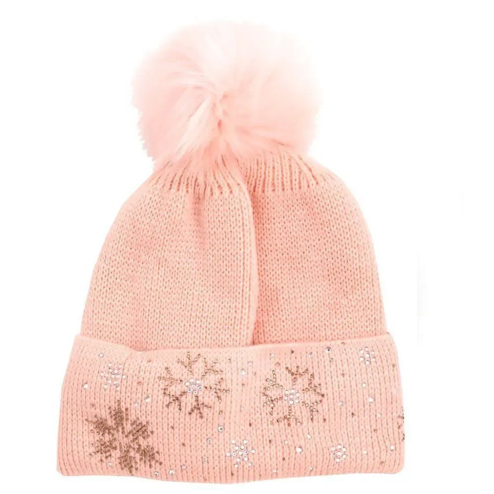 Fleece Bling Chunky Pom Pom Warm Winter Beanie